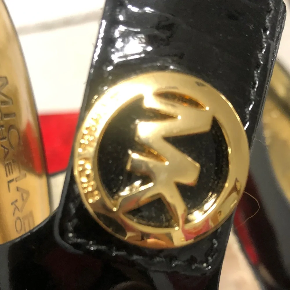 MICHAEL Michael Kors Black Patent Slingback Sandals with Gold Insole